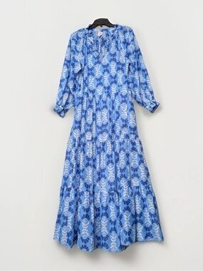 Blue Floral Tiered Maxi Dress with Gathered Neckline